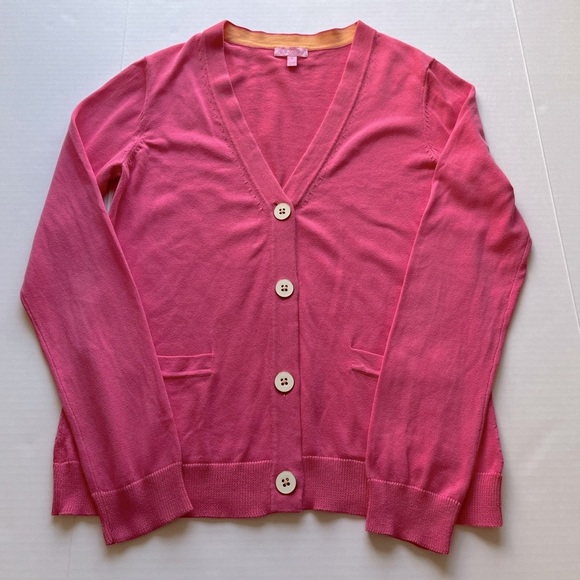 Lilly Pulitzer Pink Long Sleeve V-Neck Button Front Pockets Sweater Cardigan M - Picture 1 of 14